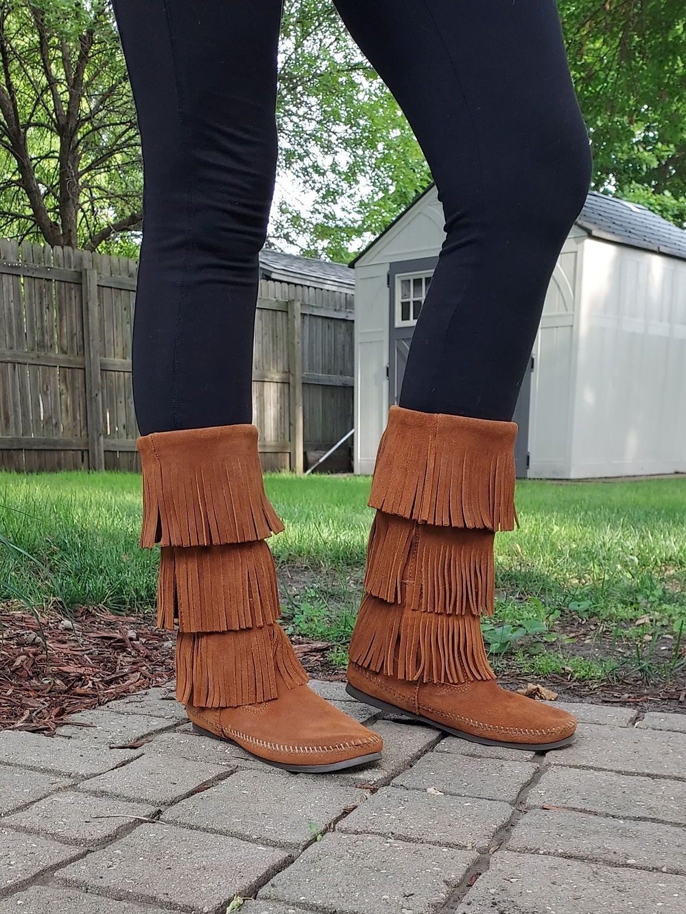 Leather Fringe Suede Mid-Calf Boots - Tan